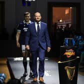Scotland co-captain Rory Darge and head coach Gregor Townsend on the catwalk at the launch of the 2025 Guinness Men's Six Nations Championship at Spazio Field in Rome.