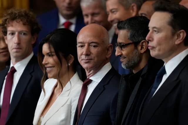 Facebook's Mark Zuckerberg, journalist Lauren Sanchez, Amazon's Jeff Bezos, Google chief executive Sundar Pichai, and SpaceX boss Elon Musk attended the inauguration of US President Donald Trump on Monday (Picture: Julia Demaree Nikhinson/pool)