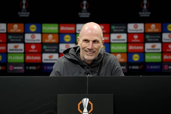 Philippe Clement, Rangers manager, during the press conference at Old Trafford ahead of the Europa League match against Manchester United. (Photo by Carl Recine/Getty Images)
