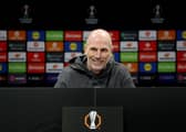 Philippe Clement, Rangers manager, during the press conference at Old Trafford ahead of the Europa League match against Manchester United. (Photo by Carl Recine/Getty Images)