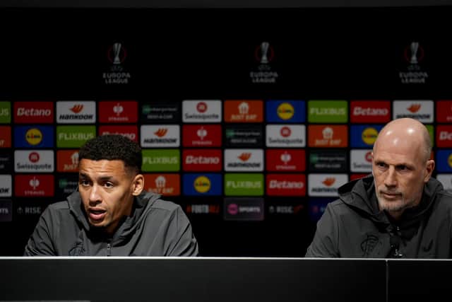Rangers manager Philippe Clement (right) and Rangers' James Tavernier (left) during a press conference at Old Trafford, Manchester. Picture date: Wednesday January 22, 2025.