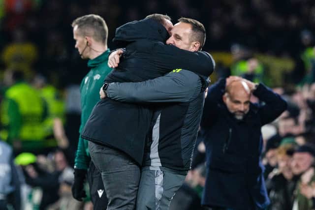 Celtic manager Brendan Rodgers (left) leaps onto assistant John Kennedy to celebrate the Champions League win over Young Boys. (Photo by Craig Williamson / SNS Group)