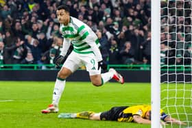 Celtic's Adam Idah celebrates as his shot rebounds off Young Boys' Loris Benito and into the net. (Photo by Ross Parker / SNS Group)