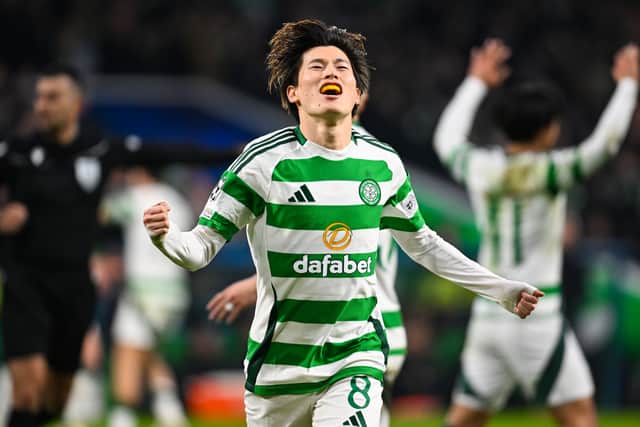 Celtic's Kyogo Furuhashi celebrates one of his three disallowed goals against Young Boys. (Photo by Rob Casey / SNS Group)