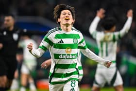 Celtic's Kyogo Furuhashi celebrates one of his three disallowed goals against Young Boys. (Photo by Rob Casey / SNS Group)