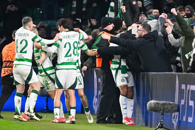The Celtic team celebrate the winning goal against Young Boys. Cr: SNS Group.