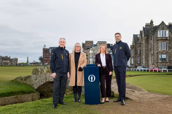 Richard Lochhead, Business Minister, Scottish Government; Rhona Corscadden, Head of Sport Delivery, VisitScotland; Sandra Tuddenham, Chair of St Andrews Links Trust; and Mark Darbon, Chief Executive of The R&A, at the that The 155th Open will played at St Andrews 2027
