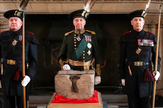 The Stone of Destiny is guarded before being taken to Westminster Abbey for the coronation of King Charles III (Picture: Russell Cheyne/pool)