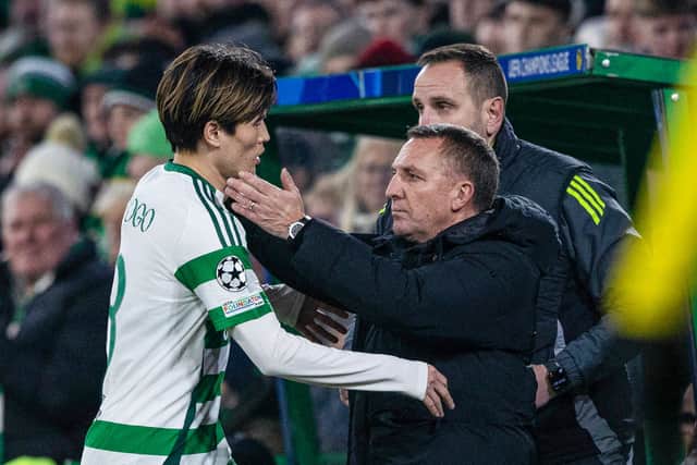 Celtic's Kyogo Furuhashi and manager Brendan Rodgers as the striker is substituted off during what is set to be his final appearance for the club in this week's Champions League match against Young Boys. (Photo by Craig Williamson / SNS Group)