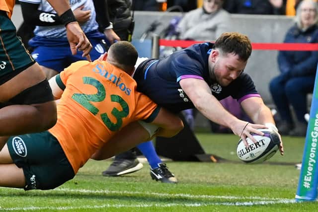 Scotland's Ewan Ashman scores a try during the Autumn Nations Series match against Australia at Murrayfield, on Novermber 07, 2021. (Photo by Paul Devlin / SNS Group)