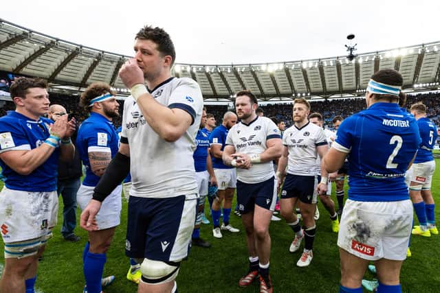 Scotland's Grant Gilchrist, Ewan Ashman and Kyle Steyn at full-time after the Guinness Six Nations defeat to Italy last year. (Photo by Craig Williamson / SNS Group)