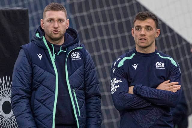 Finn Russell and Ben White (right) during a Scotland training session at the Oriam.  (Photo by Craig Williamson / SNS Group)