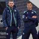 Finn Russell and Ben White (right) during a Scotland training session at the Oriam.  (Photo by Craig Williamson / SNS Group)