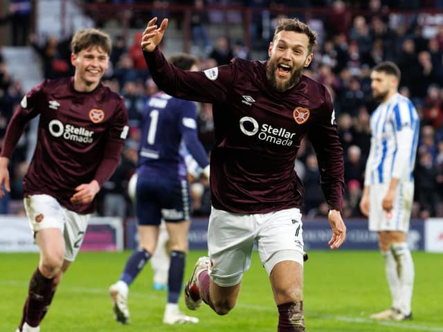 Hearts' Jorge Grant celebrates after scoring to make it 3-1 over Kilmarnock. (Photo by Alan Harvey / SNS Group)