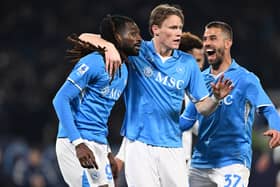 Scott McTominay celebrates Napoli's equalising goal with Frank Anguissa (left) during the Serie A matc against Juventus at Stadio Diego Armando Maradona. (Photo by Francesco Pecoraro/Getty Images)