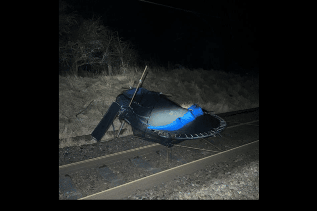 A trampoline picked up by the storm has been found by engineers assessing damage to Scotland's rail network. PIC: Network Rail Scotland.