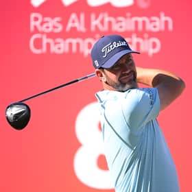 Scott Jamieson in action during the of Scotland hits his tee shot onRas Al Khaimah Championship at Al Hamra Golf Club in the UAE