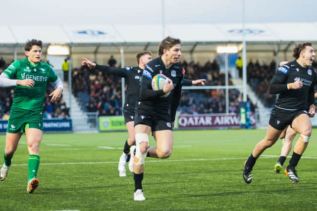 Glasgow Warriors' Sebastian Cancelliere scores a first-half try against Connacht.