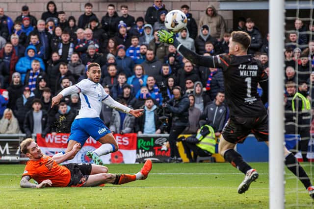 Cyriel Dessers lashes home a goal for Rangers against Dundee United.