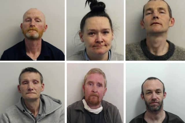 Top row, left to right, Barry Watson, Elaine Lannery, Iain Owens, and bottom row, left to right, John Clark, Scott Forbes, Paul Brannan, six of the seven people who have been convicted of being part of a Scottish child abuse ring and have been jailed for terms ranging from 20 years to eight years
