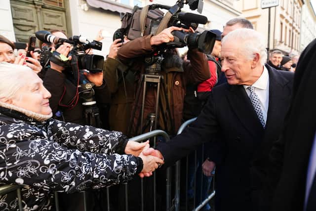 King Charles III talking to members of the public during his visit the Jewish Community Centre (JCC) Krakow. Picture: Aaron Chown/PA Wire