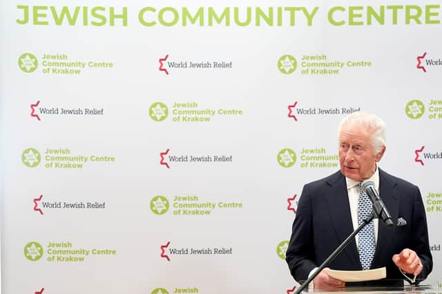 King Charles III gives a speech during his visit to the Jewish Community Centre (JCC) Krakow. Picture: Aaron Chown/PA Wire