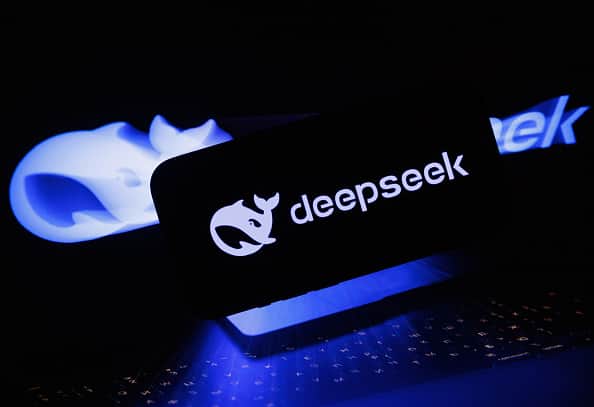 A DeepSeek artificial intelligence logo on a laptop