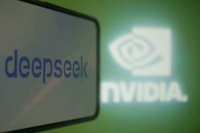 This photo illustration shows the DeepSeek and Nvidia logos on screens in Hangzhou, in China's eastern Zhejiang province on January 27, 2025