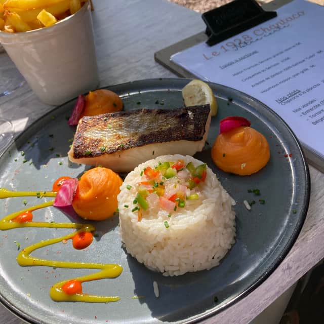 Baked cod with rice and sweet potato puree at Golf de Chantaco, Le 1928 Restaurant, Saint-Jean-de-Luz