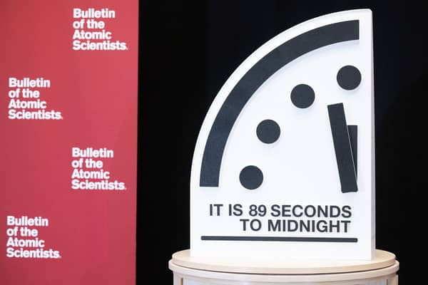 The Doomsday Clock is seen at 89 seconds to midnight, the closest the clock has ever been to midnight in its 78-year history to signal that the world is on a course of unprecedented risk.