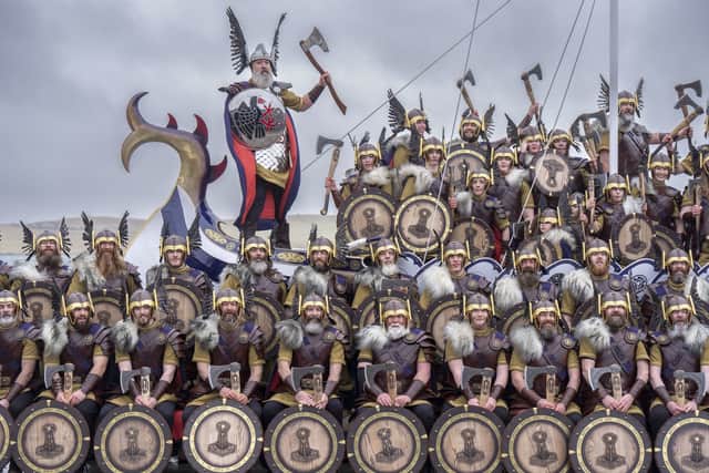 Guizer Jarl Calum Grains leads the Jarl Squad through Lerwick on the Shetland Isles during the Up Helly Aa festival. Picture: Jane Barlow/PA Wire