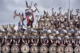 Guizer Jarl Calum Grains leads the Jarl Squad through Lerwick on the Shetland Isles during the Up Helly Aa festival. Picture: Jane Barlow/PA Wire