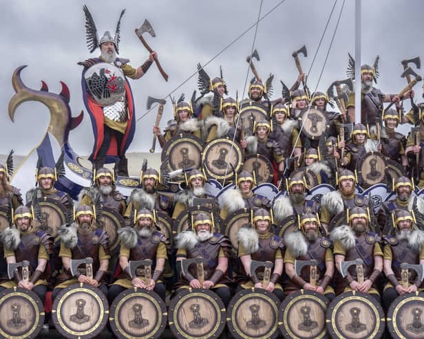 Guizer Jarl Calum Grains leads the Jarl Squad through Lerwick on the Shetland Isles during the Up Helly Aa festival. Picture: Jane Barlow/PA Wire