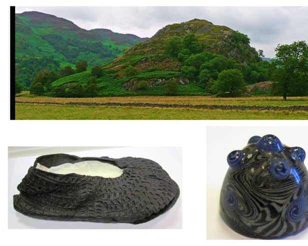 The rocky knoll once home to Dundurn Fort near St Fillan's, a high status site during the Pictish period which dates to the early 7th Century. Fresh research has been cast on the early days of life at the fort, where a Pictish shoe (bottom left) and a glass bead (bottom right) were found during excavations in the early 1980s. The objects hint at the wealth and power within its walls. PICS: Dr Richard Murray/geograph.org/ The Hunterian/University of Glasgow.