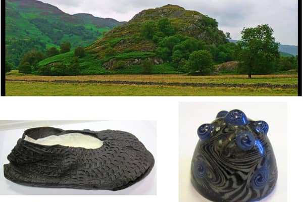 The rocky knoll once home to Dundurn Fort near St Fillan's, a high status site during the Pictish period which dates to the early 7th Century. Fresh research has been cast on the early days of life at the fort, where a Pictish shoe (bottom left) and a glass bead (bottom right) were found during excavations in the early 1980s. The objects hint at the wealth and power within its walls. PICS: Dr Richard Murray/geograph.org/ The Hunterian/University of Glasgow.