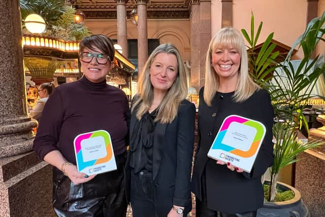 Juliet Simpson, chief executive of Stripe, presents Fellowships to Marketing Society members Marie Owen