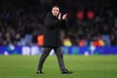 Celtic manager Brendan Rodgers applauds the travelling fans after the 4-2 defeat to Aston Villa. (Photo by Julian Finney/Getty Images)