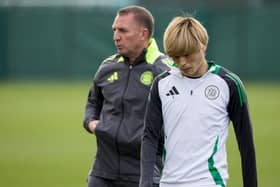 Kyogo Furuhashi and Brendan Rodgers during a Celtic training session at Lennoxtown. (Photo by Craig Williamson / SNS Group)