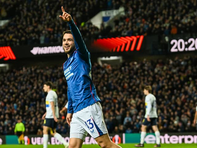 Nicolas Raskin celebrates his opening goal against Union Saint-Gilloise at Ibrox. Cr: SNS Group.