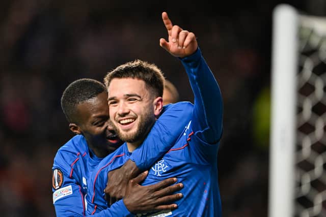 Rangers' Nicolas Raskin celebrates after scoring to make it 1-0 over Union Saint-Gilloise at Ibrox Stadium. (Photo by Rob Casey / SNS Group)