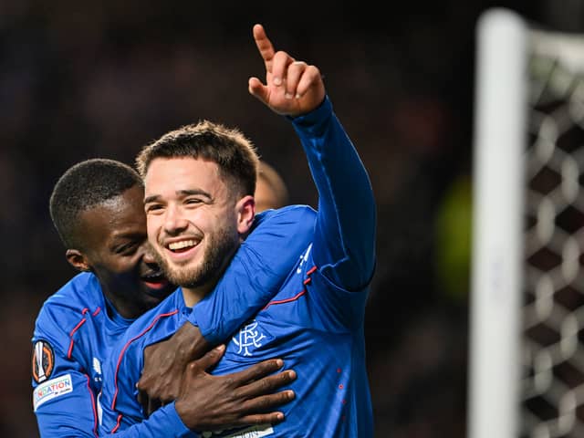 Rangers' Nicolas Raskin celebrates after scoring to make it 1-0 over Union Saint-Gilloise at Ibrox Stadium. (Photo by Rob Casey / SNS Group)