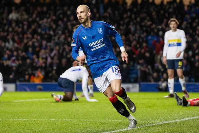 Rangers' Vaclav Cerny celebrates after scoring to make it 2-0 over Union Saint-Gilloise at Ibrox Stadium. (Photo by Alan Harvey / SNS Group)