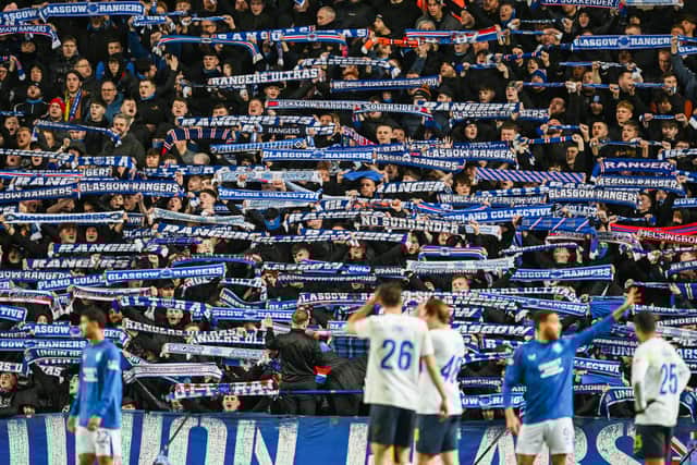Rangers fans show their support during the 2-1 victory over Union Saint-Gilloise at Ibrox Stadium. (Photo by Rob Casey / SNS Group)