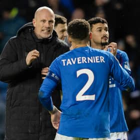 Rangers manager Philippe Clement with James Tavernier at full time after the 2-1 victory over Union Saint-Gilloise at Ibrox. (Photo by Alan Harvey / SNS Group)