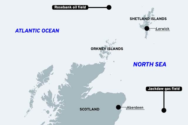 A map showing the location of the Rosebank and Jackdaw oil fields