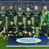 Celtic players line up ahead of their Champions League meeting with Aston Villa. (Photo by JUSTIN TALLIS/AFP via Getty Images)