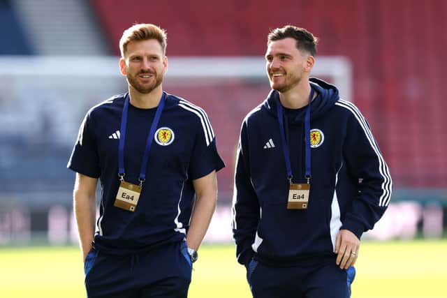 Stuart Armstrong and Andrew Robertson of Scotland chat ahead of the international friendly match between Scotland and Finland at Hampden Park last summer.