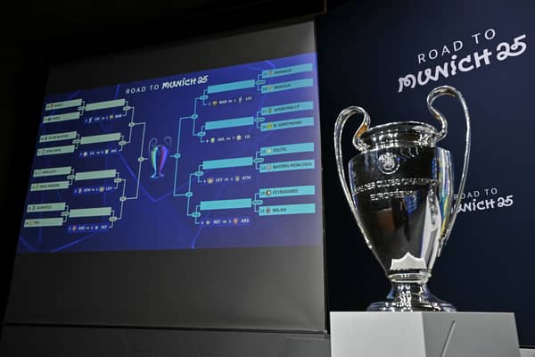 The Uefa Champions League trophy is on display during the knockout play-off draw at the House of European football in Nyon, on January 31, 2025.