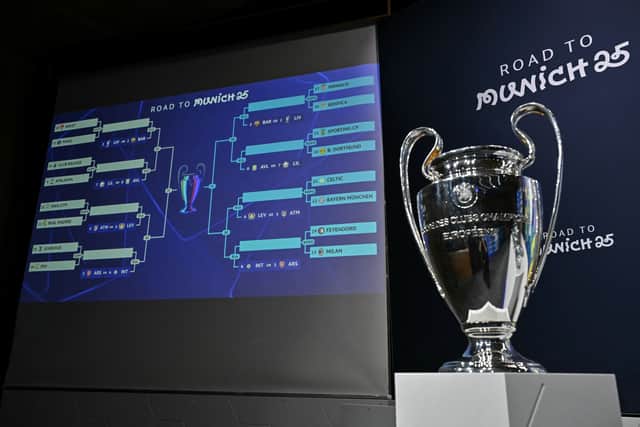 The Uefa Champions League trophy is on display during the knockout play-off draw at the House of European football in Nyon, on January 31, 2025.