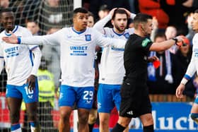 Rangers' Mohamed Diomande (far left) was shown a red card for swinging his arm at Dundee United's Kevin Holt. (Photo by Ross Parker / SNS Group)